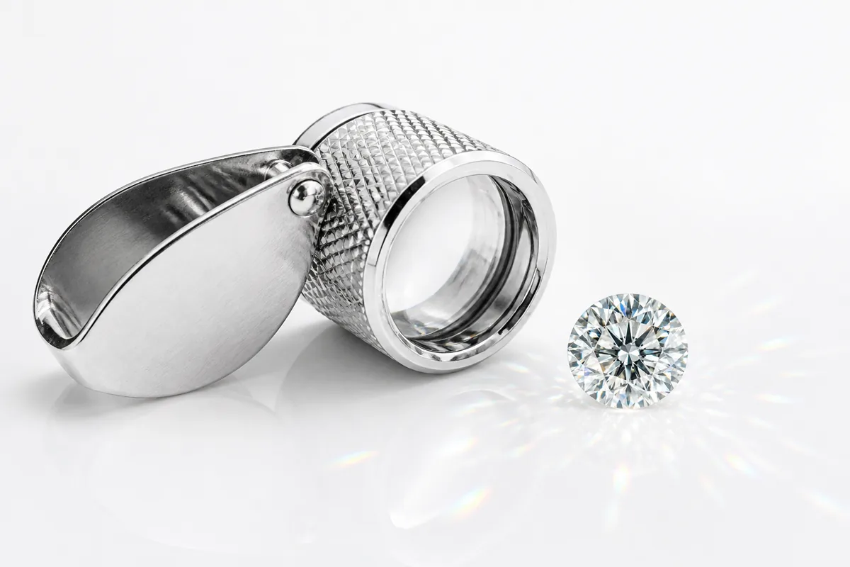 High-key studio photograph: jeweller's loupe beside a loose diamond on white