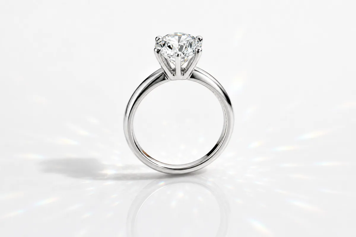 High-key studio photograph: solitaire diamond ring on white acrylic