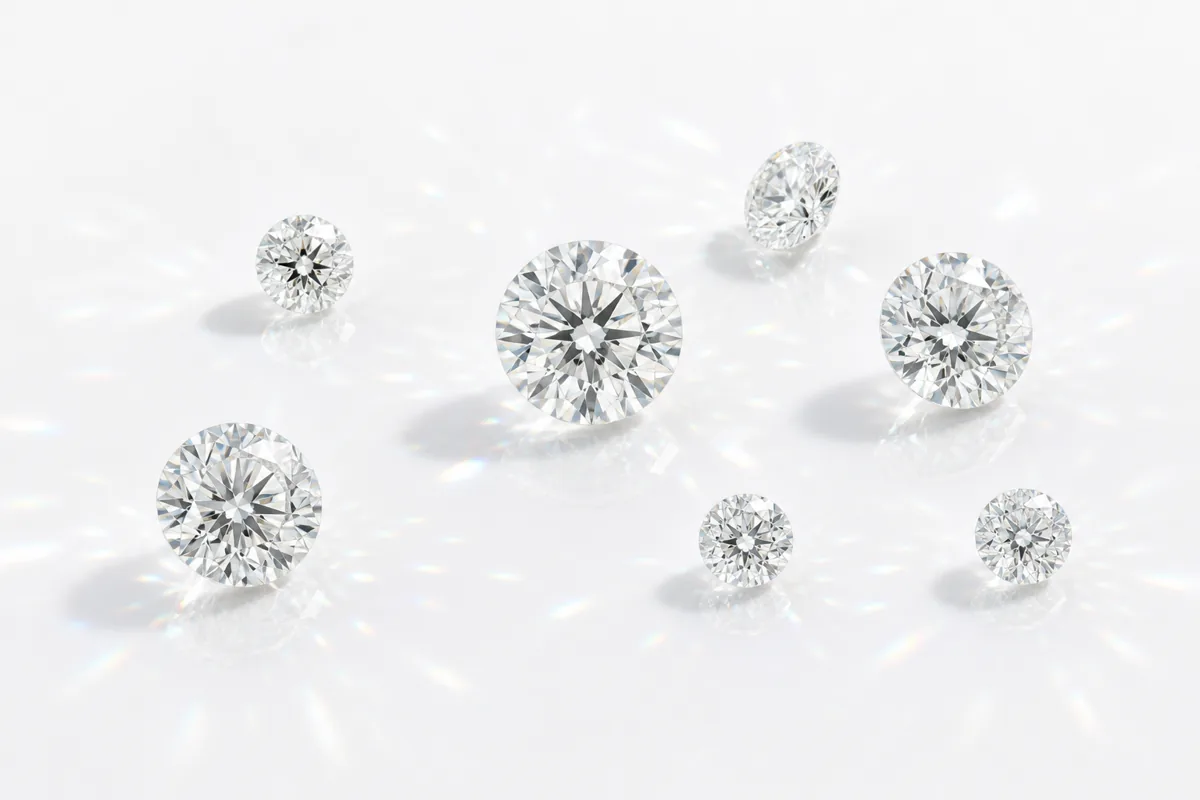 Loose round brilliant diamonds scattered on a white studio surface, throwing small prismatic fire flashes