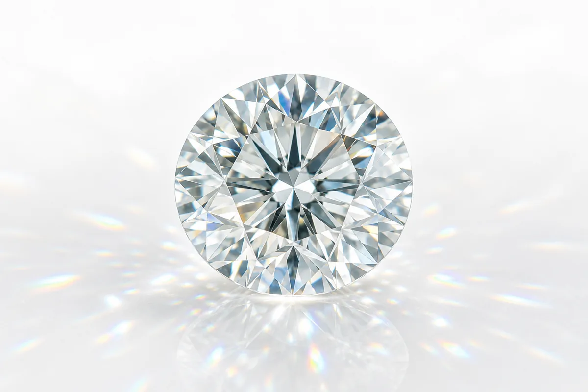High-key studio photograph: round brilliant diamond on white acrylic